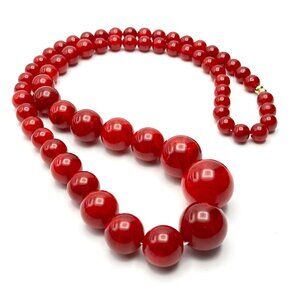 1960s Vintage Cherry Red Lucite Graduated Bead Necklace 30" Swirl Pattern — GUC